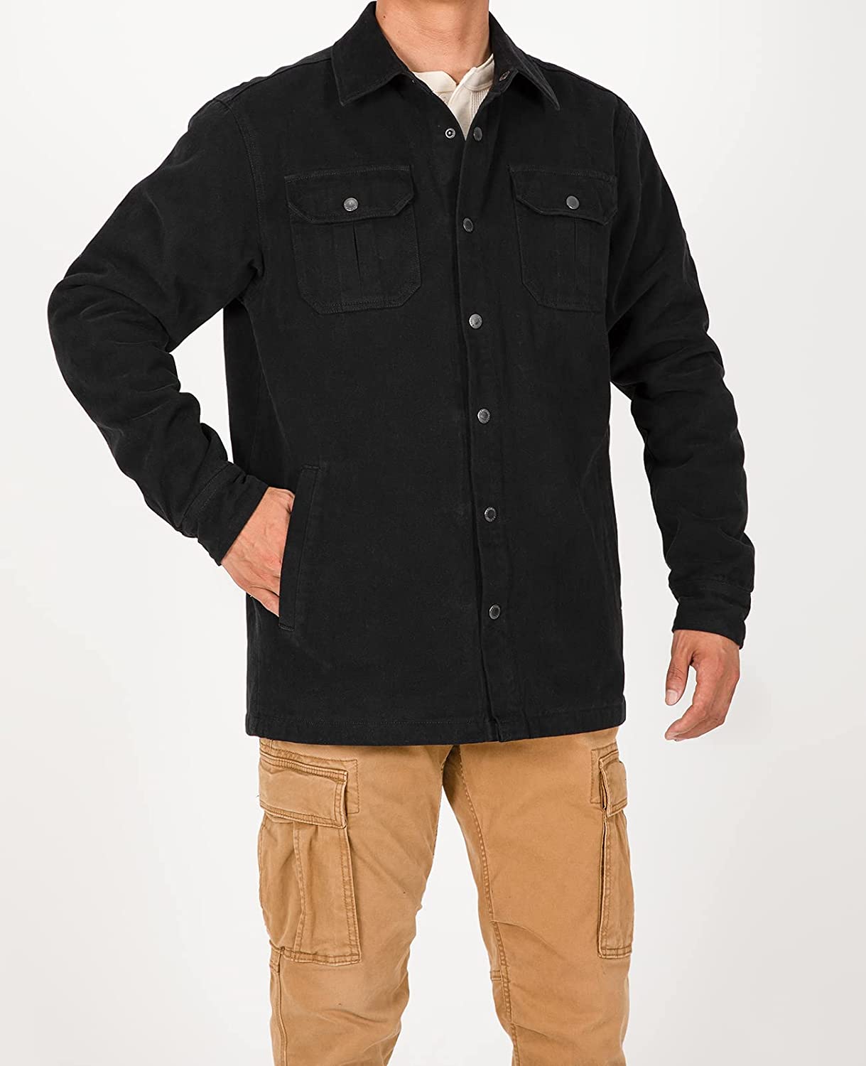 Men's Heavy Washed Rugged Cotton Shirt Jac Outdoorsy Utility Jacket(Full Flannel Lined)