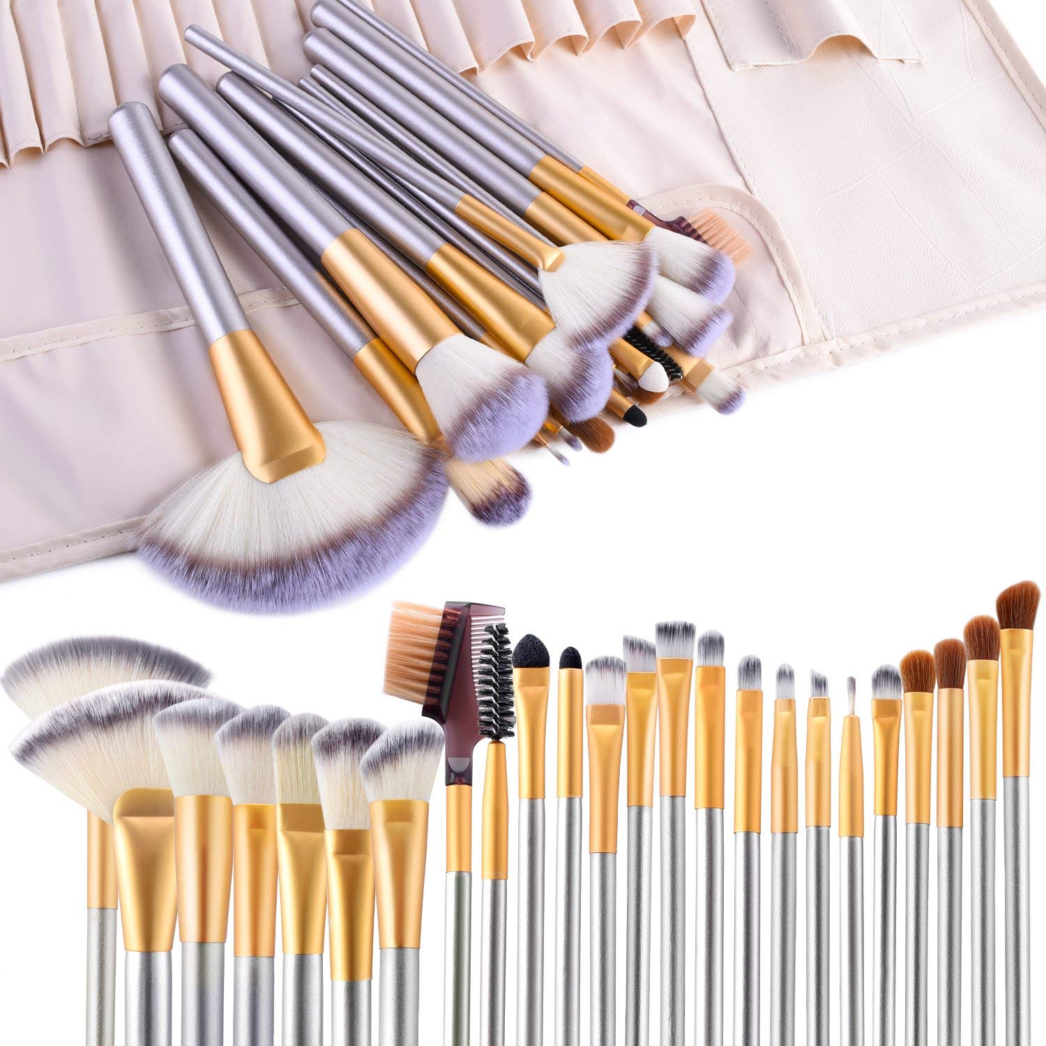 Make up Brushes, VANDER 24pcs Premium Cosmetic Makeup Brush Set for Foundation Blending Blush Concealer Eye Shadow, Cruelty-Free Synthetic Fiber Bristles, Travel Makeup bag Included, Champagne