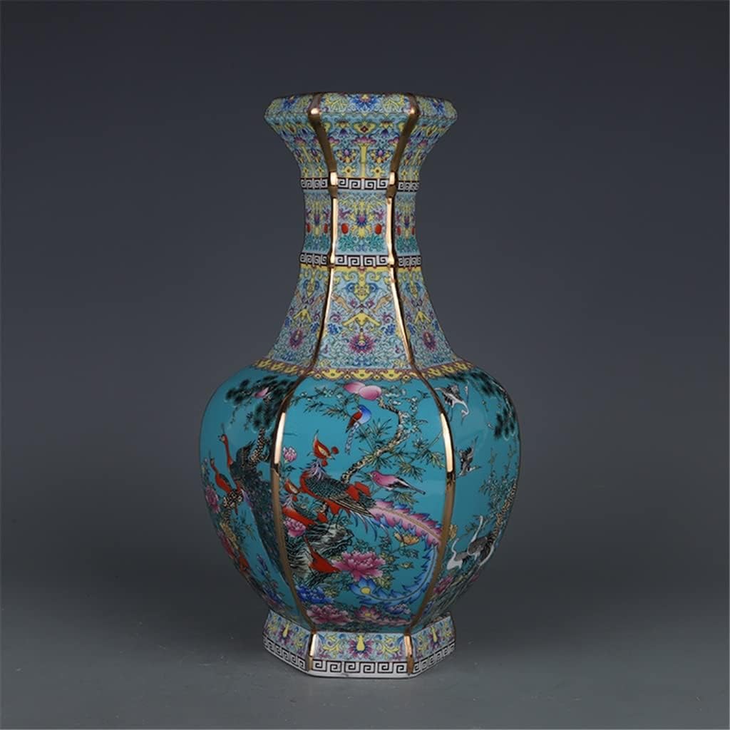 ZSEDP Enamel Hexagons Vase with Flower and Bird Pattern Jingdezhen Antique Ceramic Vase