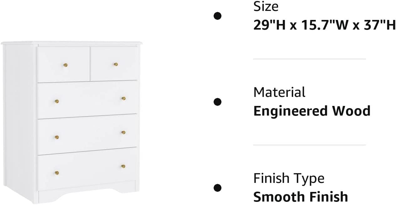 HOUSUIT Dresser with 5 Drawers, Modern Dressers for Bedroom, Wide Chest of Drawers Clothes Organizer, Wooden Nightstand for Living Room, Closet, Hallway, White