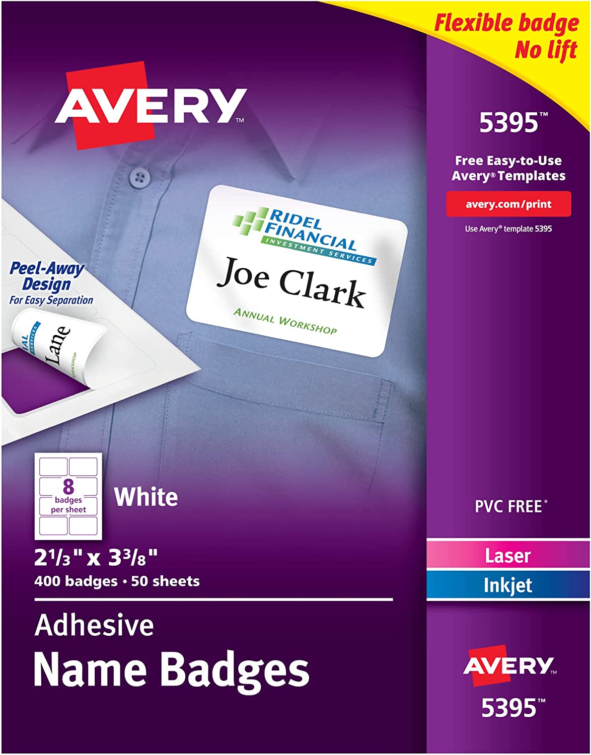 Avery Flexible Name Tag Stickers, White Rectangle Labels, 400 Removable Name Badges, 2-1/3" x 3-3/8" (5395)