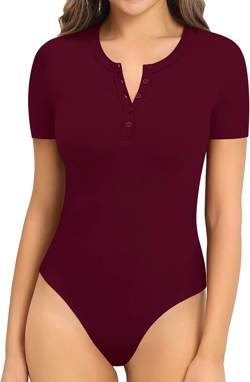 MANGOPOP Women's Round Neck Button Down Short Sleeve Long Sleeve Bodysuit Slim Fit Tops