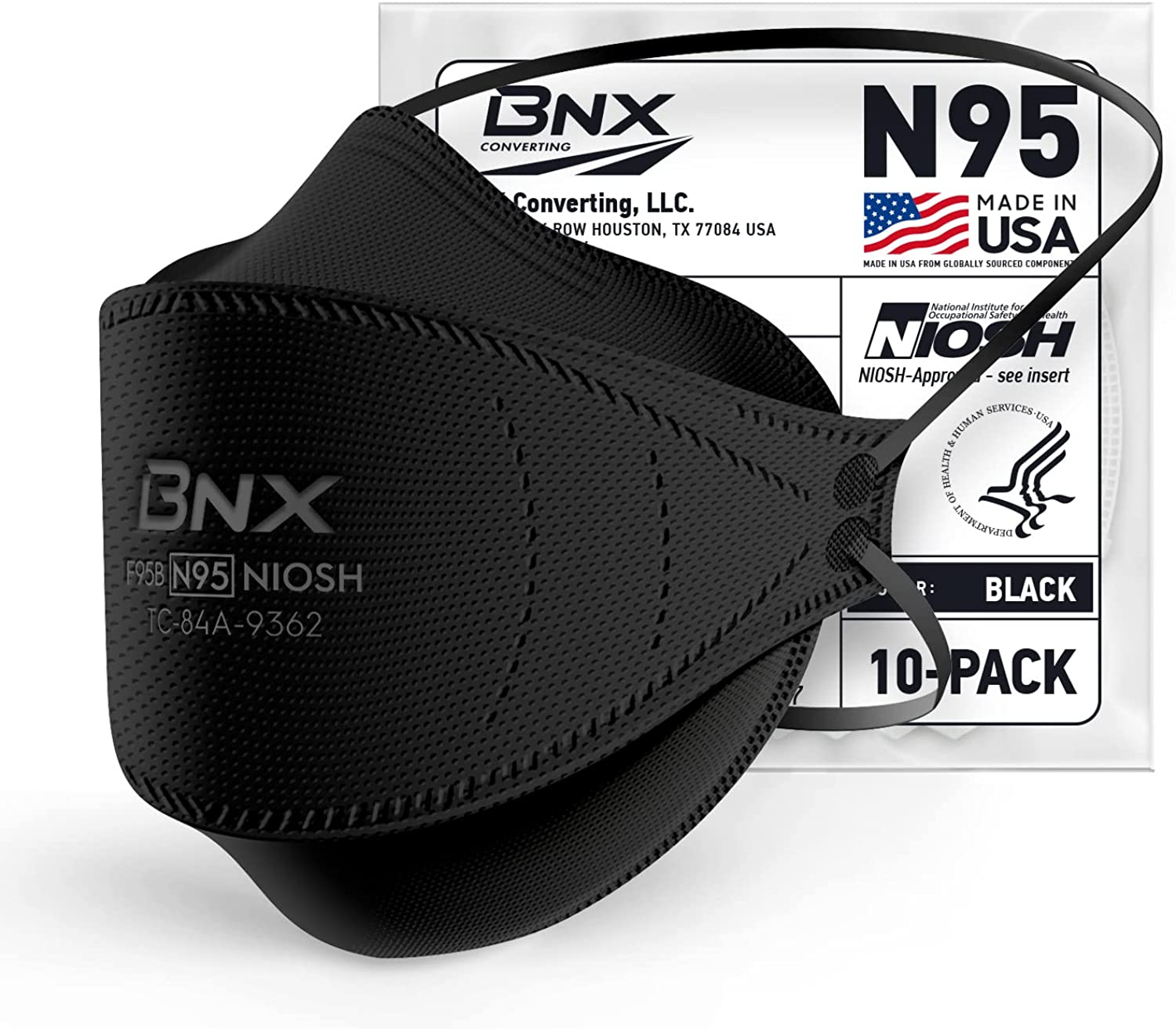 BNX N95 Mask Black NIOSH Certified MADE IN USA Particulate Respirator Protective Face Mask, Tri-Fold Cup/Fish Style, (10-Pack, Approval Number TC-84A-9362 / Model F95B) (Headband) Black