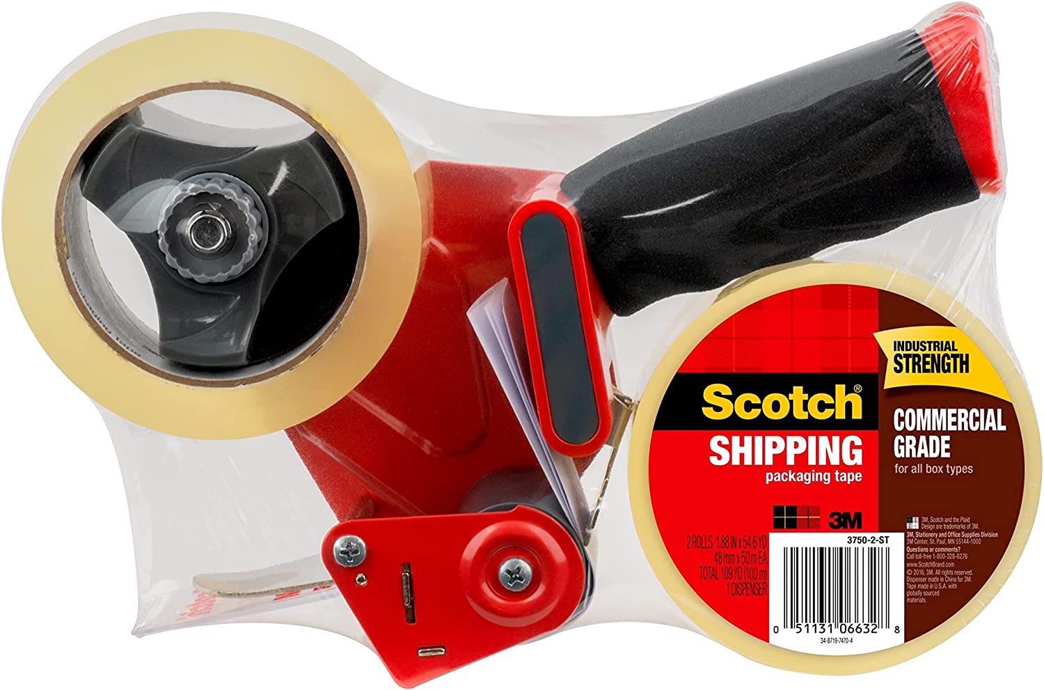 Scotch Commercial Grade Shipping Packaging Tape, 1.88" x 54.6 yd, Designed for Packing, Shipping and Mailing, Guaranteed to Stay Sealed, 3" Core, Clear, 2 Rolls w/1 Dispenser (3750-2-ST)