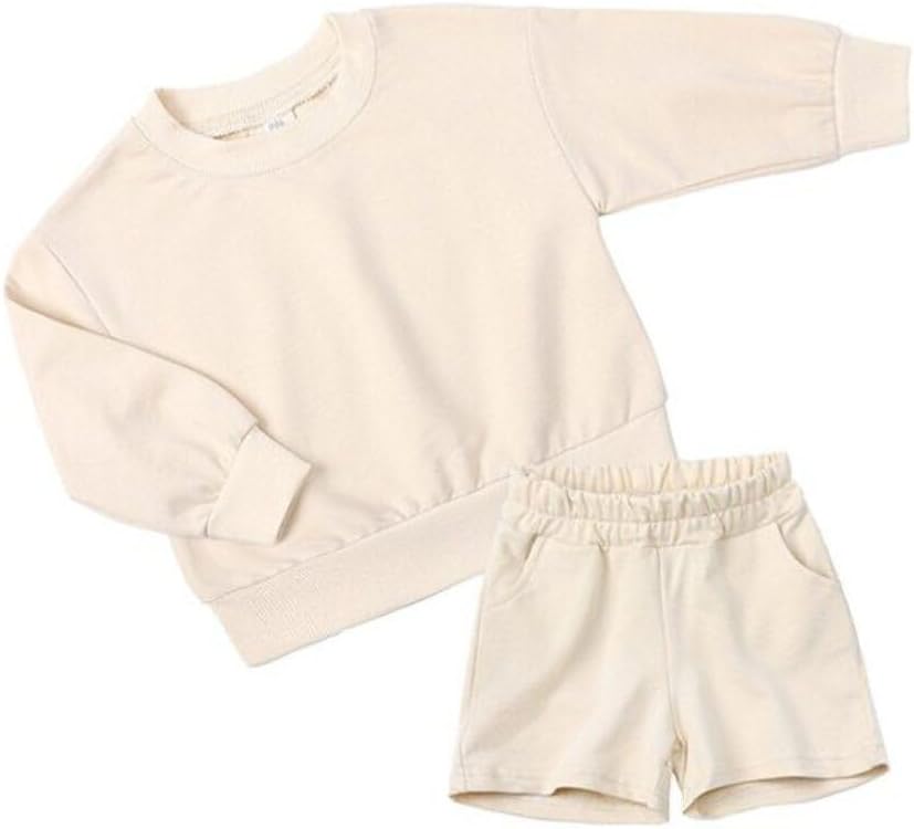 QueenLine 10Sets Bulk Items Wholesale Children Sets Long Sleeves Pullover Tops Hoodie + Shorts Two Piece Sets Casual Solid Tracksuits Beige 110cm
