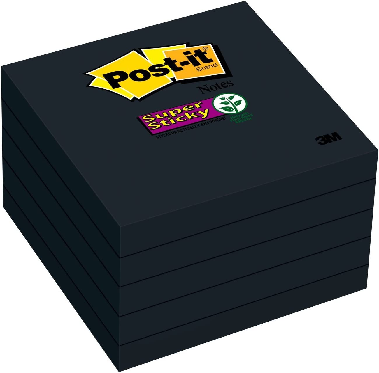 Post-it Super Sticky Notes, 3 in x 3 in, 5 Pads, 2x the Sticking Power, Black, Recyclable (654-5SSSC)