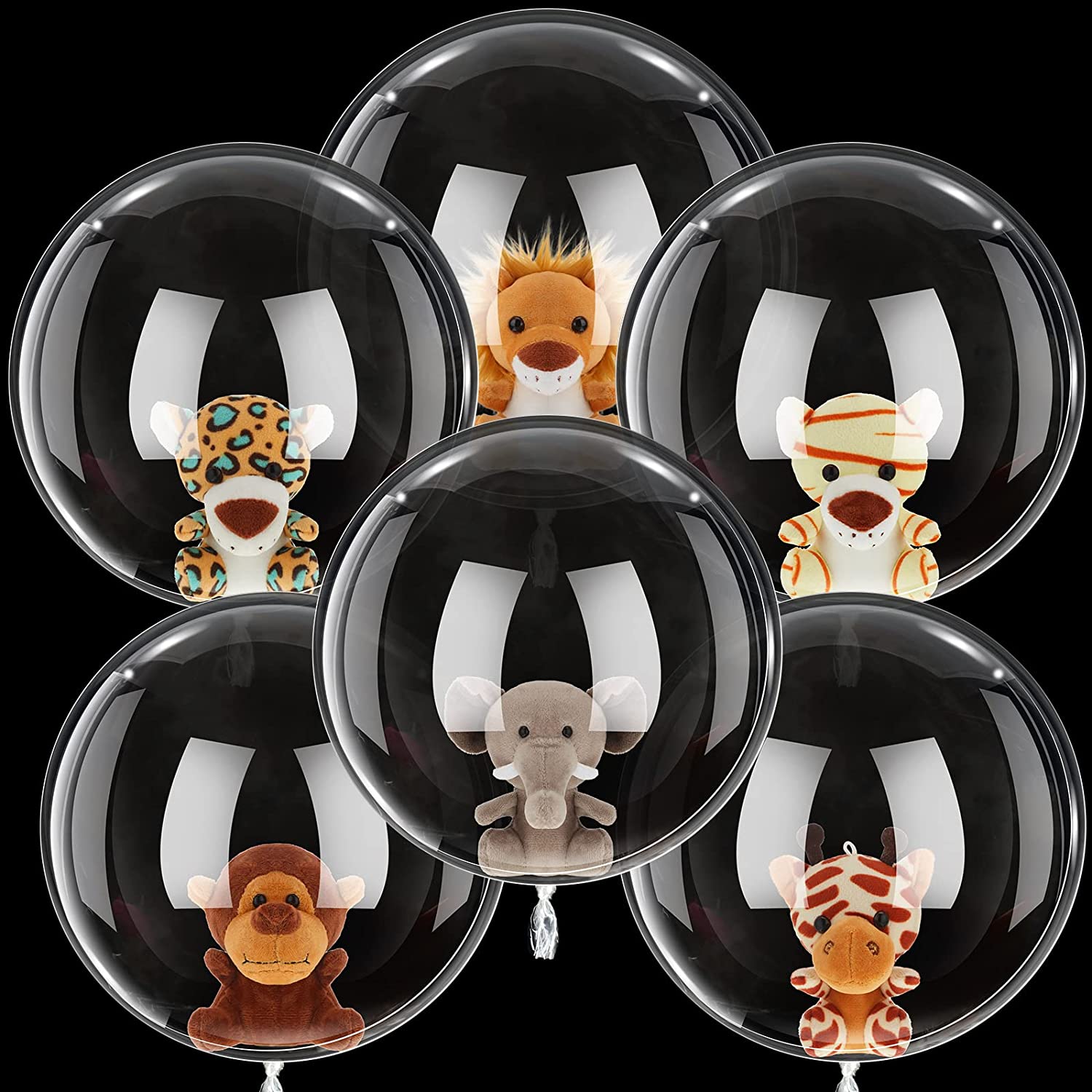 Large Bobo Balloons and Safari Stuffed Animals Set 6 Pcs Bubble Transparent Balloons 15.8 Inch Clear Balloons for Stuffing 6 Pcs Mini Jungle Animal Plush Toys for Wedding Birthday Party Decorations