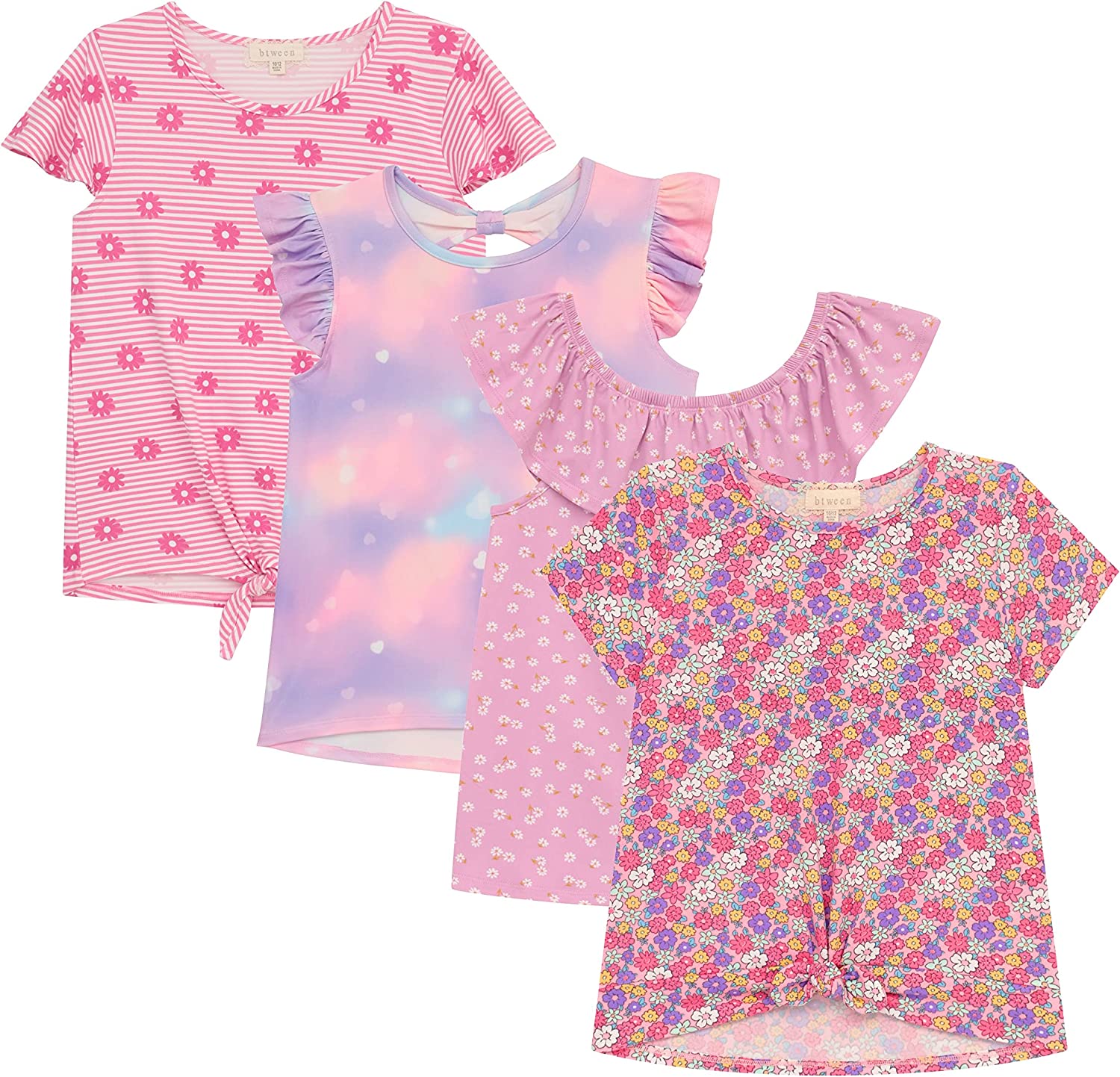 BTween Girls 4-Piece Summer Tops | Fashionable Short Sleeve T-Shirt | Casual Daily Shirt for Kids - Assorted Colors