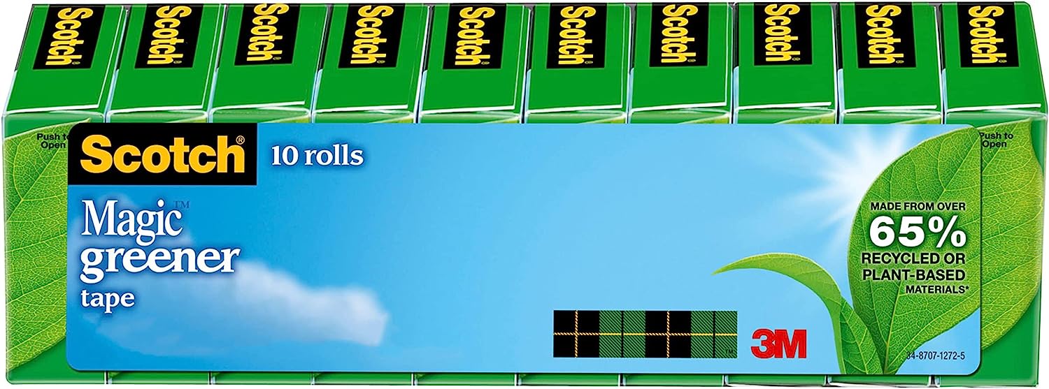 Scotch Magic Greener Tape, 10 Rolls, Numerous Applications, Invisible, Engineered for Repairing, 3/4 x 900 Inches, Boxed (812-10P)