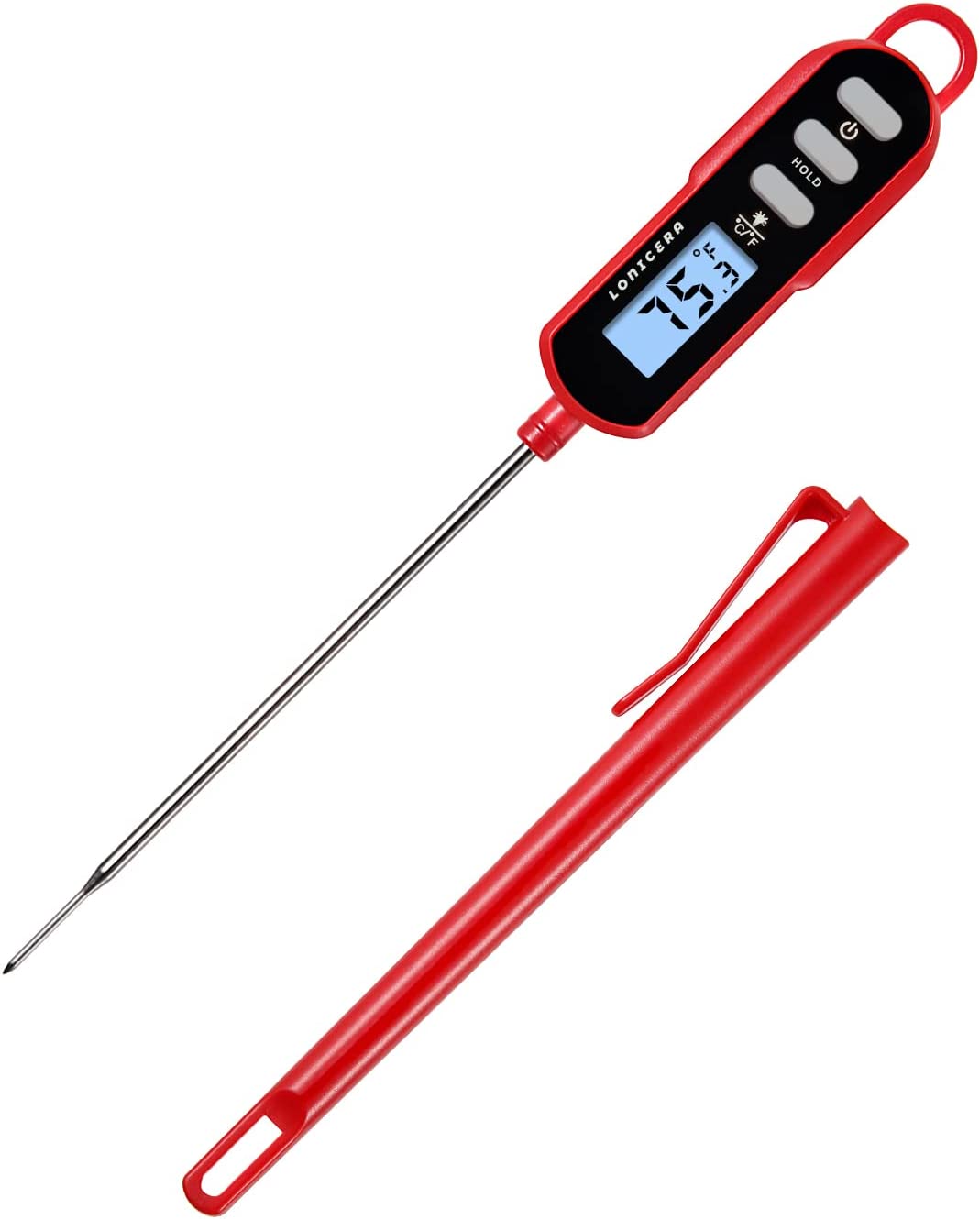 Lonicera Instant Read Digital Meat Thermometer for Cooking Food, Bread Baking, Water and Liquid Temperature, Waterproof and Long Probe for Candy, with Backlit LCD and Magnet (Red)