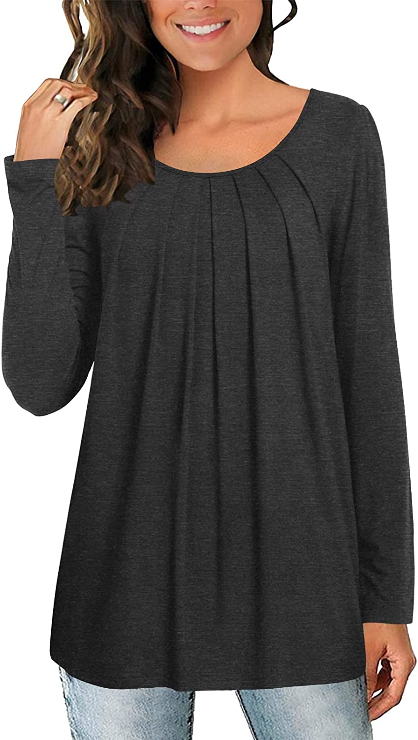 Anymeet 2023 Women's Spring Fall Tunic Top Long Sleeve Casual Tee Pleated Shirts Comfy Loose Blouses