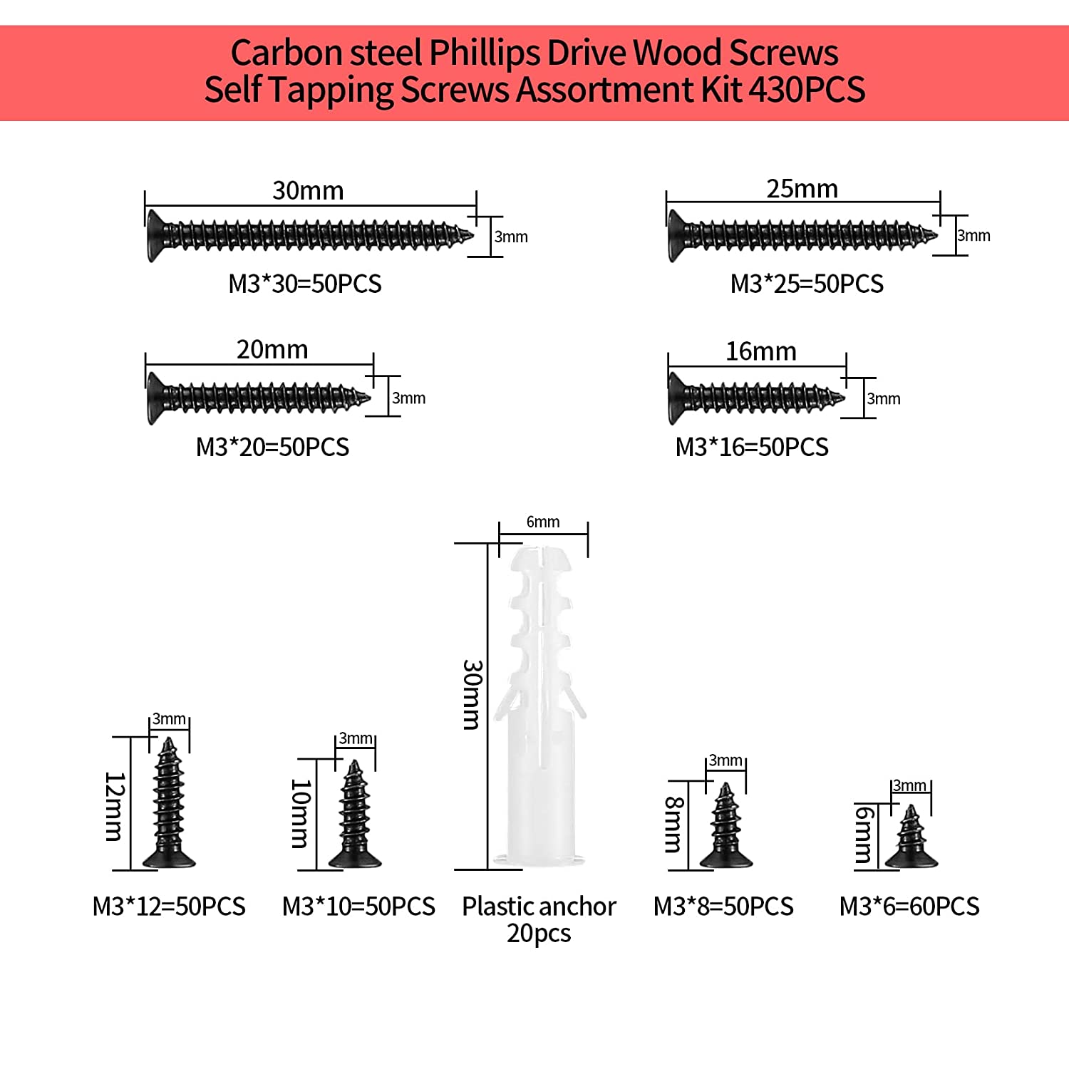 430 Pcs M3 Black Wood Screws Assortment Fasteners Kit, Cross Drive Head Countersunk Head Self-Tapping Screws, Assorted Flat Head Round Head Screws with 20 Pcs Plastic Wall Screw Anchors