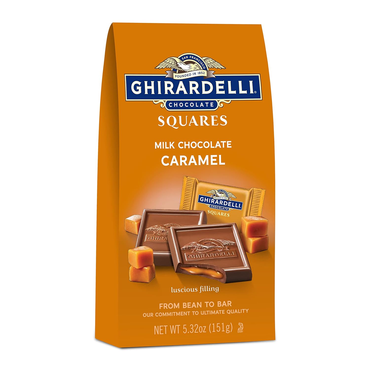 GHIRARDELLI Milk Chocolate Squares with Caramel Filling， Milk Chocolate Caramel Candy Squares， 5.32 Oz Bag (Pack of 6)