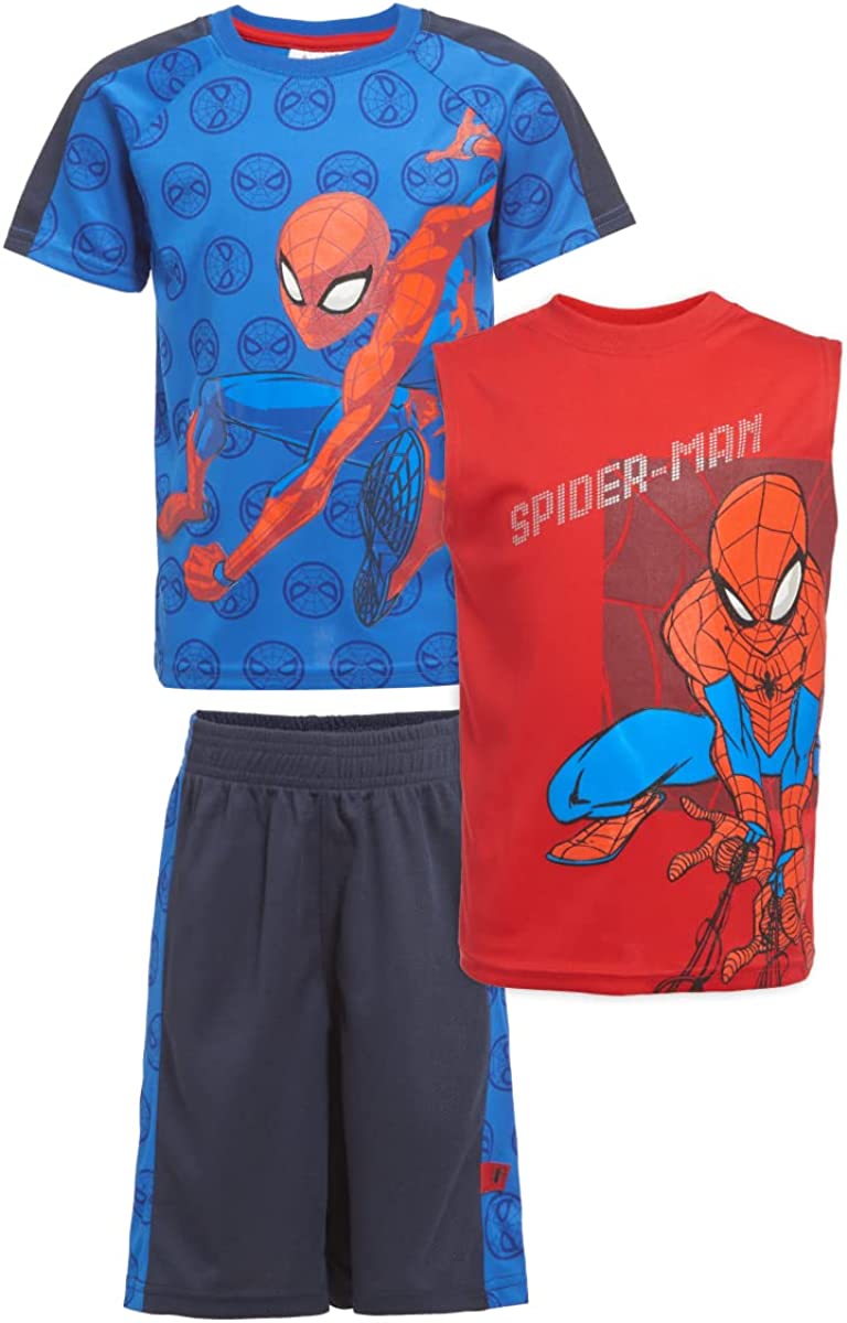 Marvel Avengers and Spider-Man Boys Superhero Short Sleeve T-Shirt, Tank Top and Mesh Shorts Set
