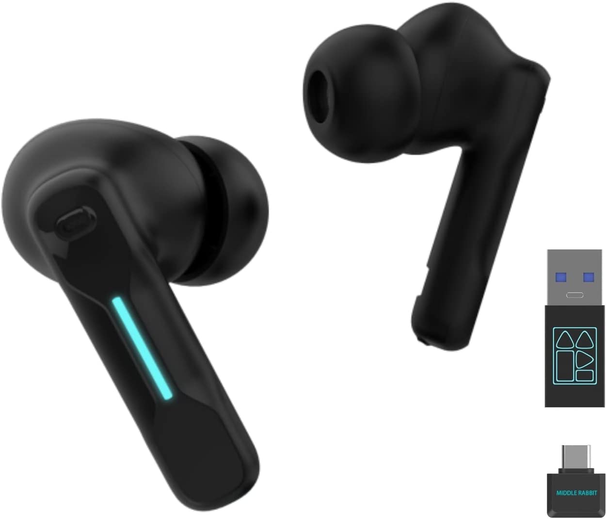 Middle Rabbit SW4 Wireless Gaming Earbuds for PC PS4 PS5 Switch Mobile - 2.4G Dongle &amp; Bluetooth - 40ms Low Latency - Headphones with Built-in Microphone - 4 Mics PC Earbuds - PS4 PS5 Headset