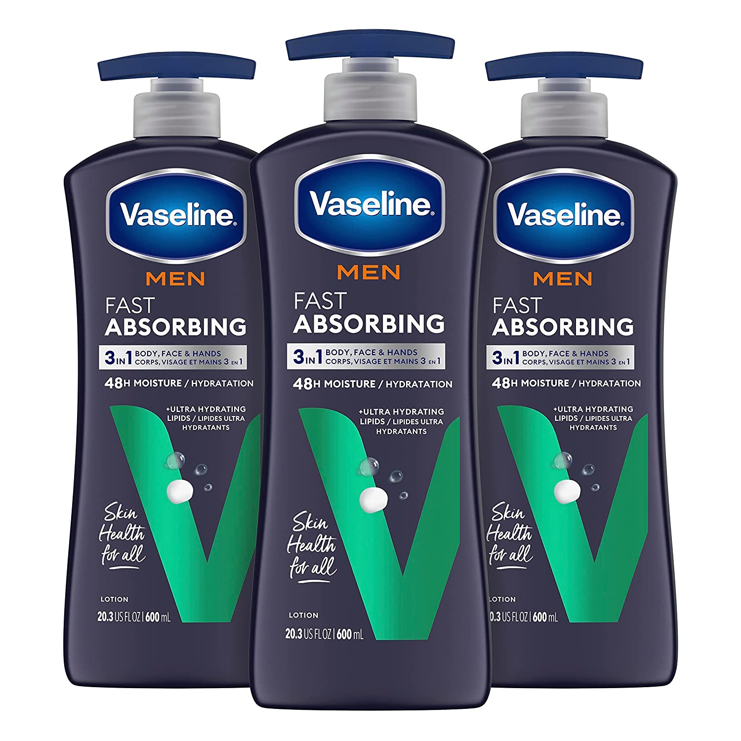 Vaseline Men's Healing Moisture Hand & Body Lotion For Dry or Cracked Skin Fast Absorbing Non-Greasy Lotion for Men 20.3 oz, Pack of 3