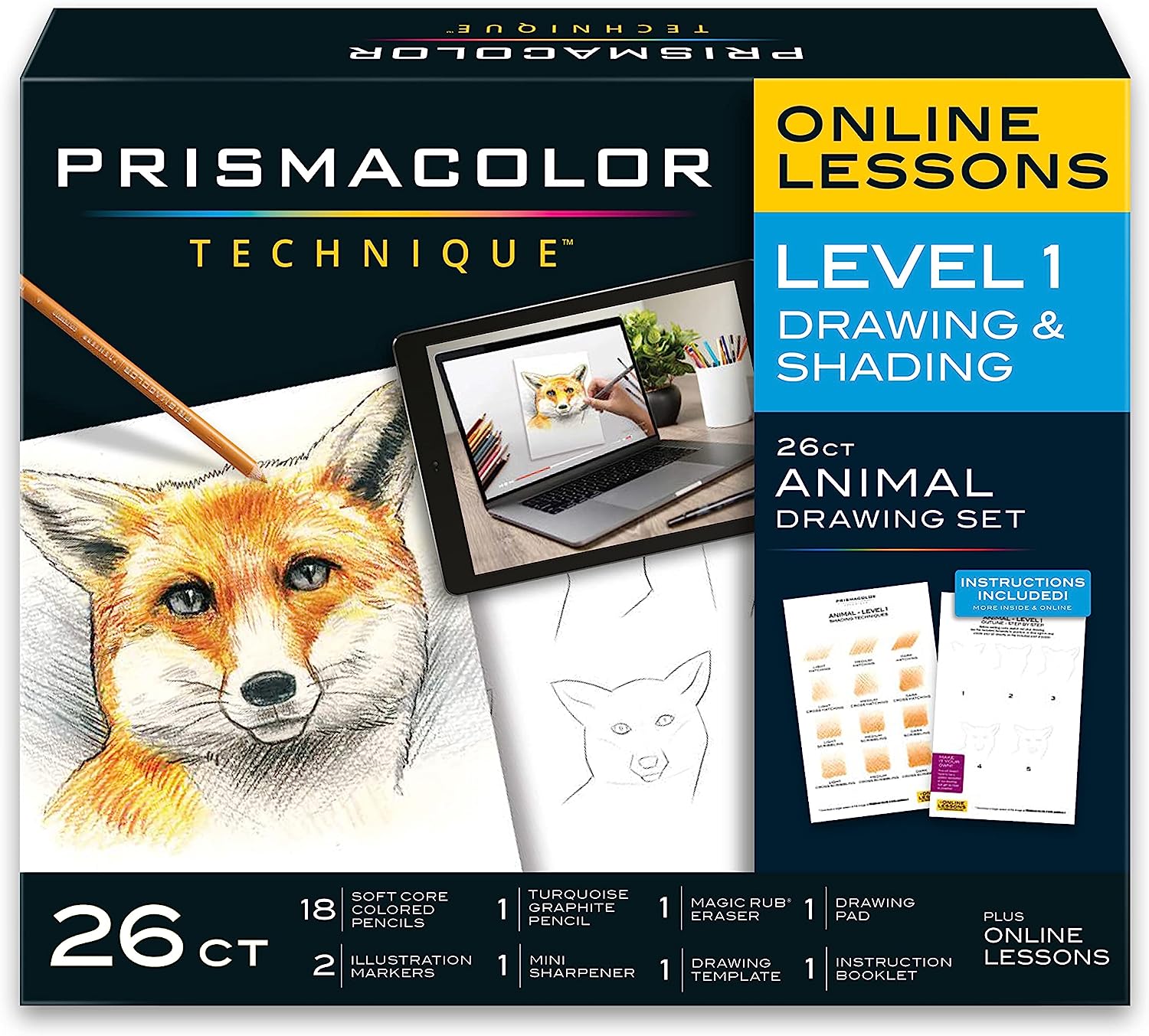 Prismacolor Technique, Art Supplies with Digital Art Lessons, Drawings Set, Level 1, How to Draw Animals with Colored Graphite Pencils, and More, Fox Drawing Lesson, 26 Count