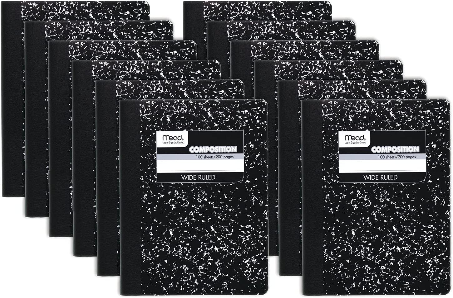 Mead Composition Notebook, 12 Pack, Wide Ruled Paper, 9-3/4" x 7-1/2", 100 Sheets per Notebook, Black Marble, Pack of 12