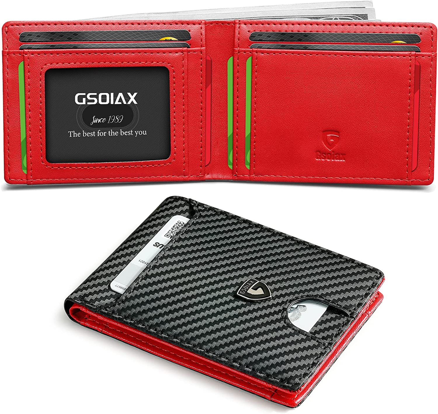 GSOIAX Mens Slim Wallet RFID Blocking Bifold Carbon Fiber Thin wallets for men Minimalist Genuine Leather Card Holder Money Clip with Gift Box (Carbon Black and Red)
