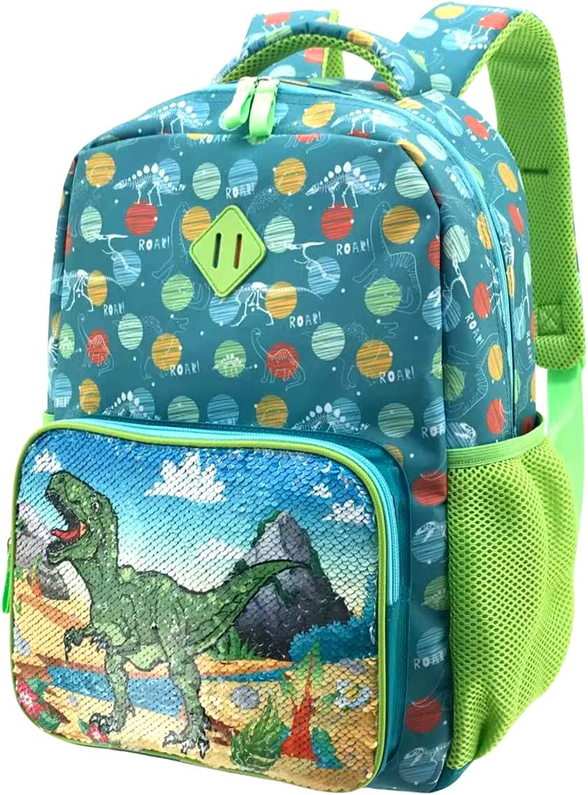 HAPPYSUNNY 16 Inch Dinosaur Backpack for Kids 5-7 Boys and Girls 3-5 Reversible Sequins Kids Backpack for Preschool Early Elementary Kindergarten Bookbags with Chest Strap