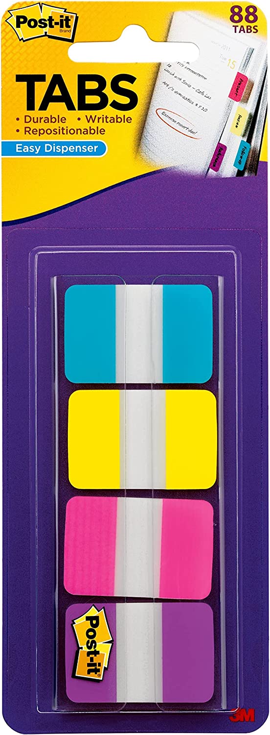 Post-it Tabs, 1 in Solid, Aqua, Yellow, Pink, Violet, 22/Color, 88/Dispenser (686-AYPV1IN)