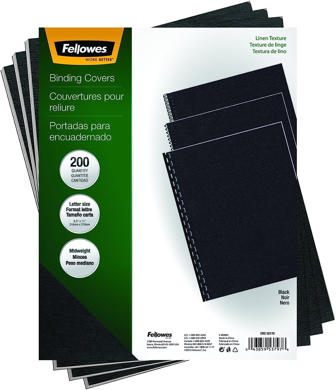 Fellowes Binding Linen Presentation Covers, Letter, Black, 200 Pack (5217001), Black Linen