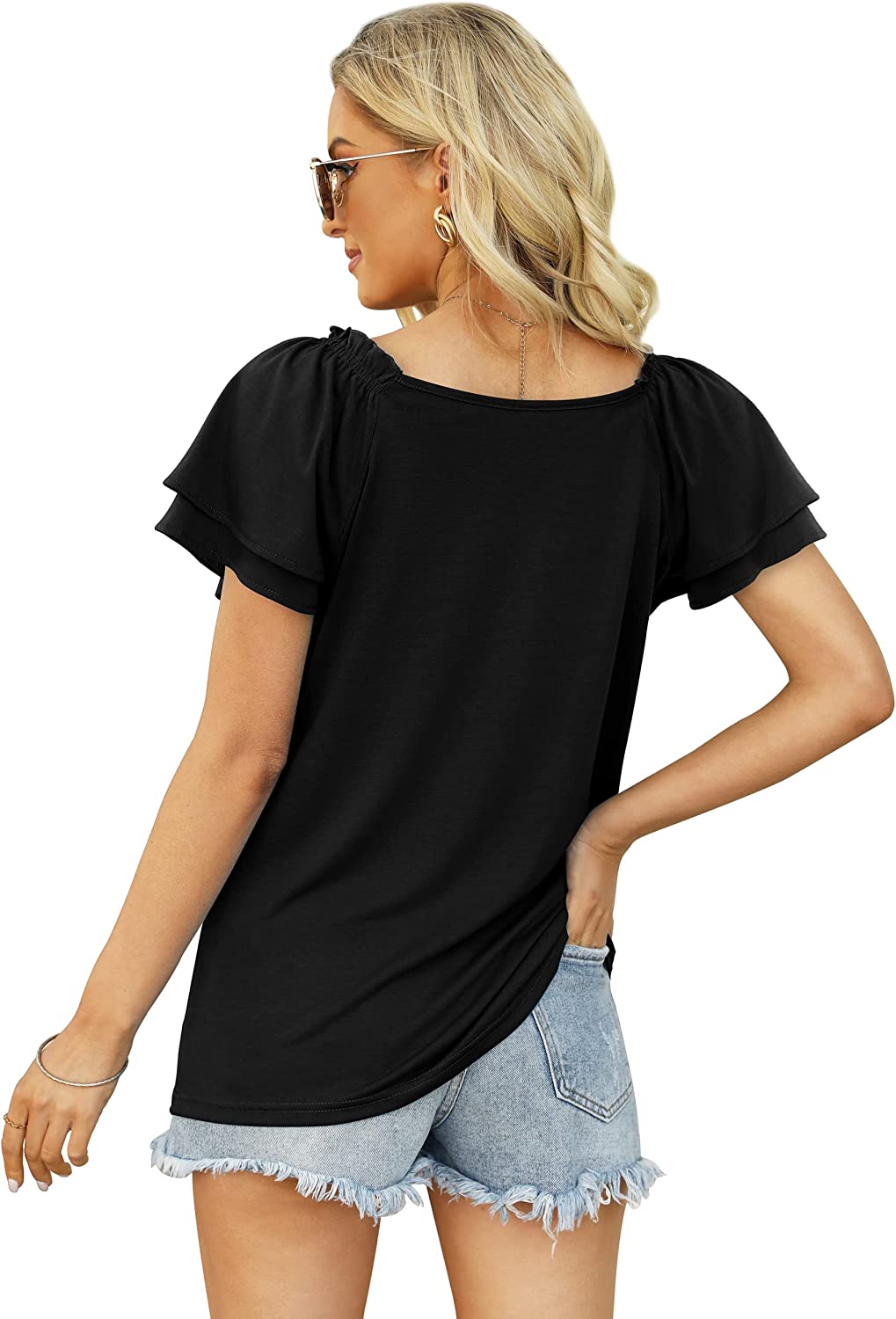 SAMPEEL Womens Summer Tops Ruffle Short Sleeve V Neck T-Shirts Cute Blouse Shirts
