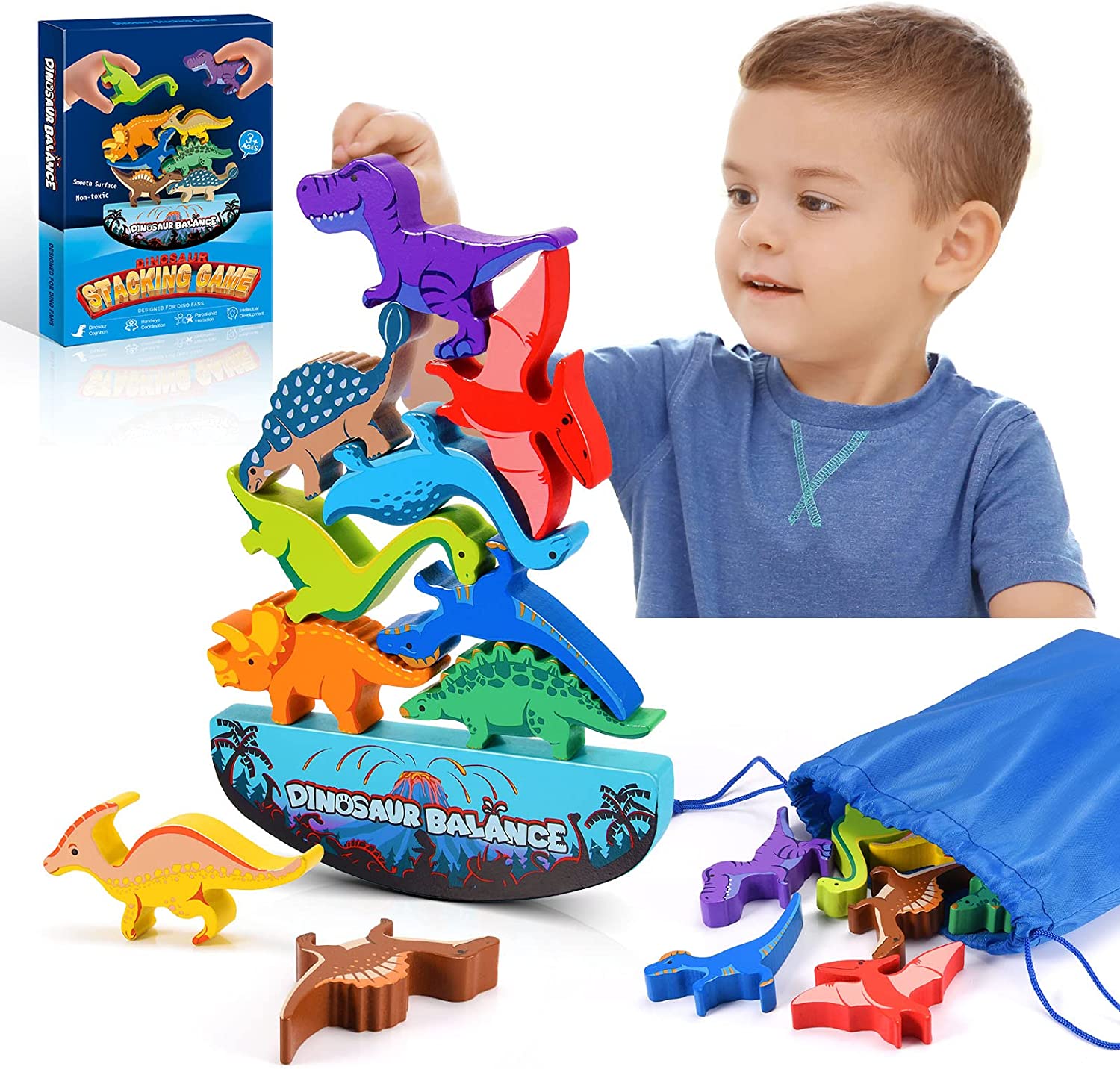 IPOURUP Dinosaur Toys for Kids 3-5: Wooden Stacking Montessori Toys for 3-7 Year Old Balance Competition Game for Family Ideal Easter and Birthday Gifts for Kids (Classic Version)