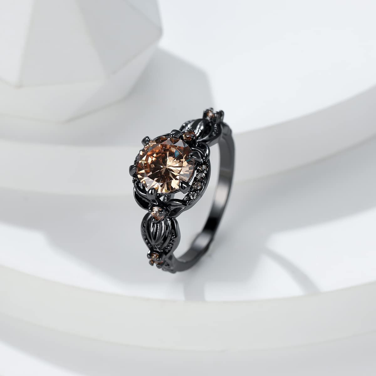 Vanel Black Rings for Women Girls， 14K black gold Vintage Retro Goth Ring， Champagne Topaz Stone Ring with Flower Antique Victorian Jewelry Size 5 6 7 8 9 10