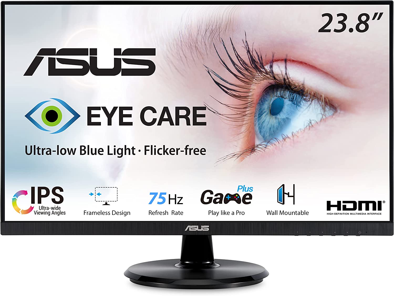 ASUS VA24DQ 23.8” Monitor, 1080P Full HD, 75Hz, IPS, Adaptive-Sync/FreeSync, Eye Care, HDMI DisplayPort VGA, Frameless, VESA Wall Mountable ,BLACK