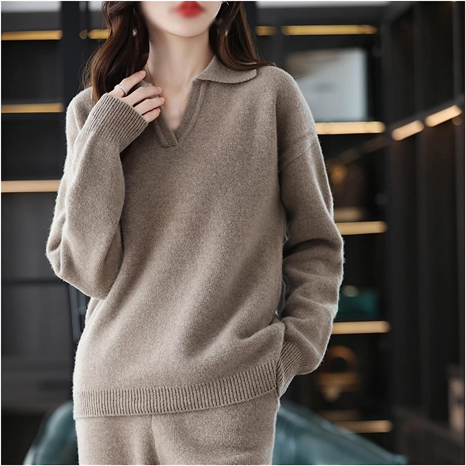 Walnut Casual Wide-Legged Pants Knitted Suit Autumn and Winter Loose Wool Sweater Top High-Waisted Pants Two-Piece Suit (Color : D, Size : M Code)