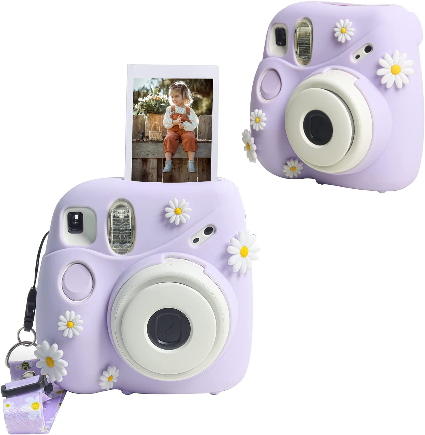 CAIYOULE Protective Silicone Case for Fujifilm Instax Mini 7+ Plus Camera Case with Daisy & Fruit DIY Accessories and Adjustable Shoulder Strap (Purple)