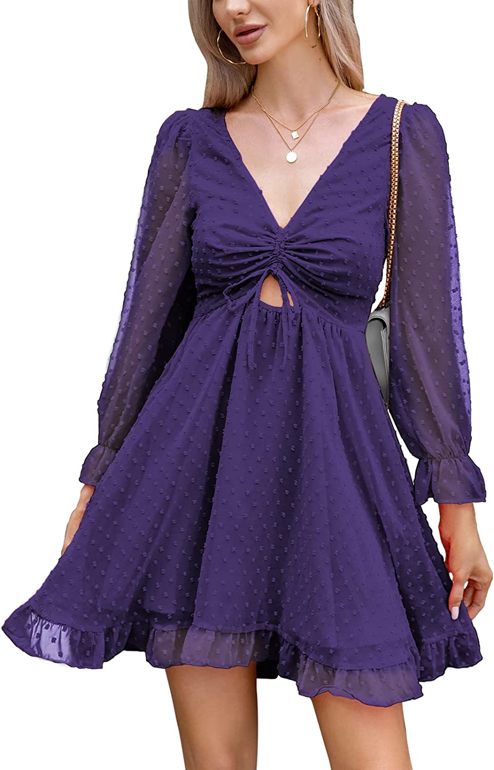 EXLURA Women's Swiss Dot Flowy Mini Dress V Neck Long Puff Sleeve Tie Back Ruffle Dress Sexy Cottagecore Wedding Guest Dress