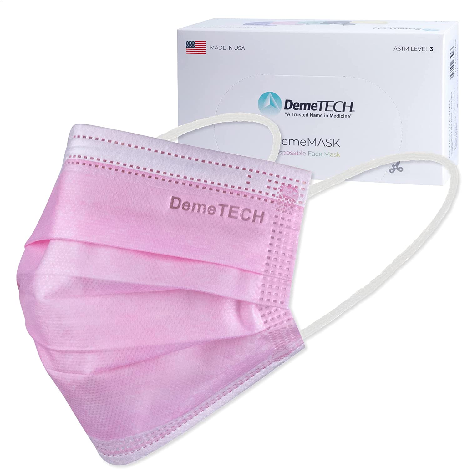 Protective 3-Layer Box of 50 Adult Disposable Face Mask with Ear Loops, Made in the USA, DemeTECH