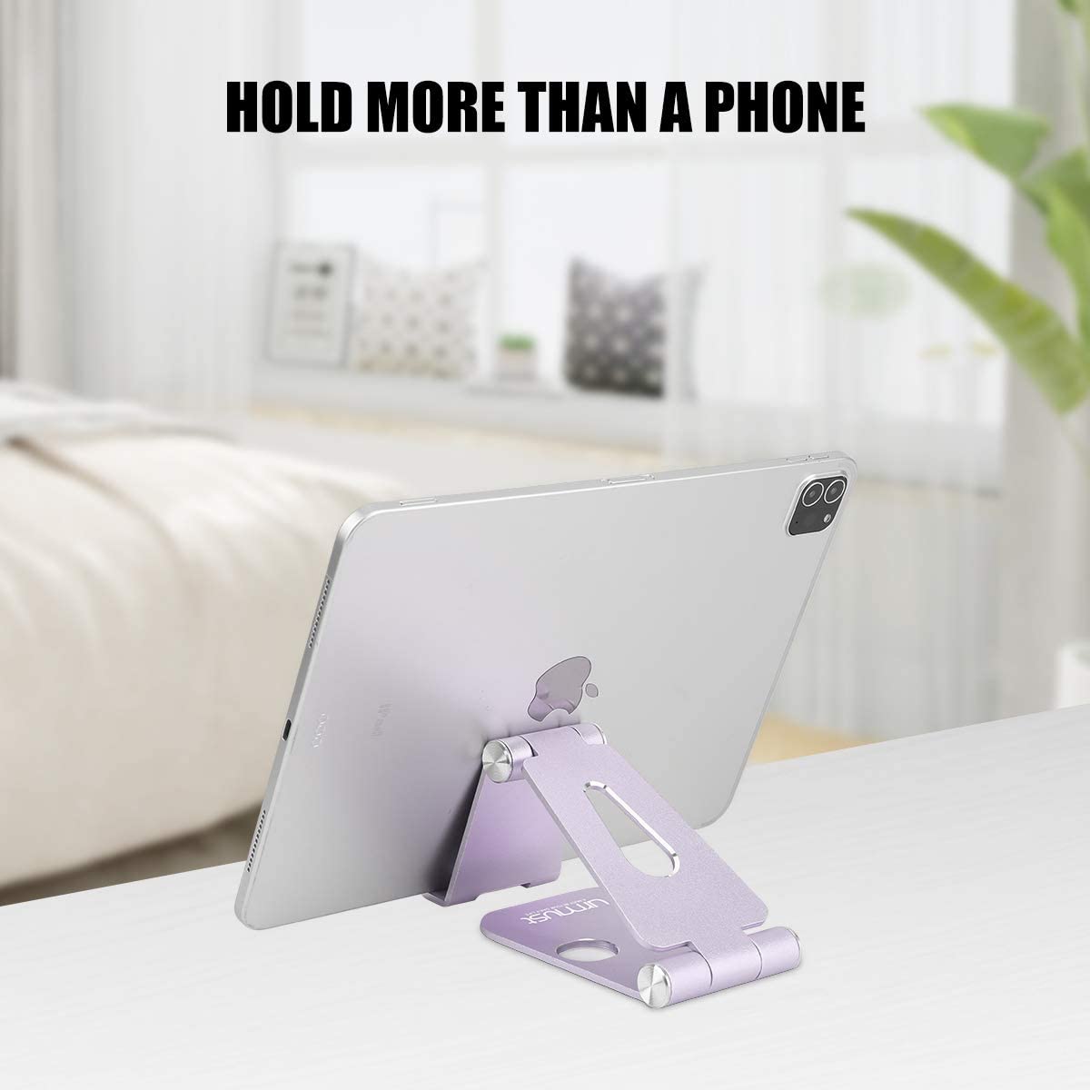 Urmust Cell Phone Stand for Desk Adjustable Foldable Phone Holder for Office Portable Desktop Dock Compatible with iPhone 14 13 12 11 Max Pro Xs Xr X 8 7 6, iPad Mini, Tablets 7-10" (Purple)