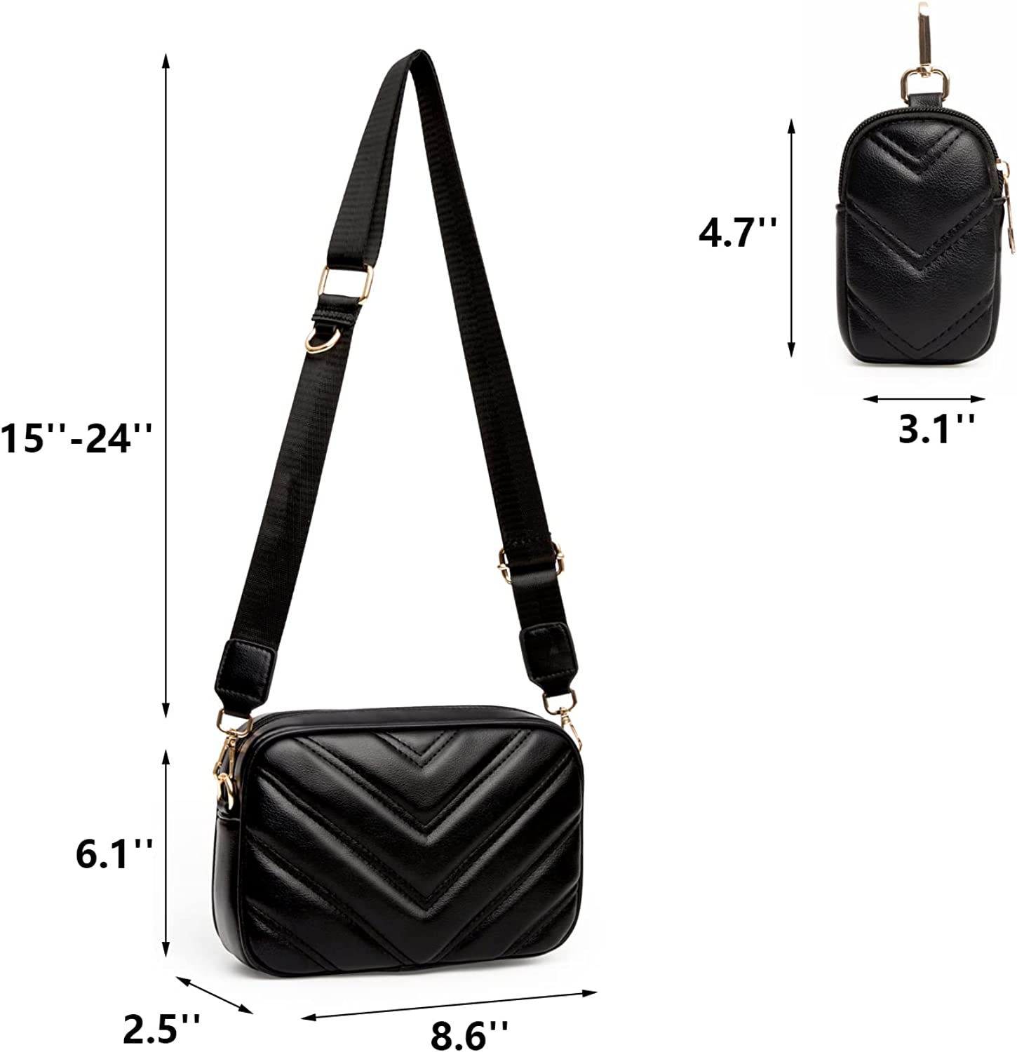 Herald Chevron Quilted Small Crossbody Bag with Coin Purse Pouch Women Square Snapshot Camera Side Shoulder 2 Size Handbag