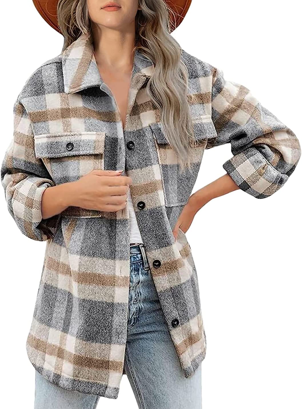 Lviefent Womens Casual Wool Blend Plaid Flannel Shackets Jacket Button Down Shirt Coat