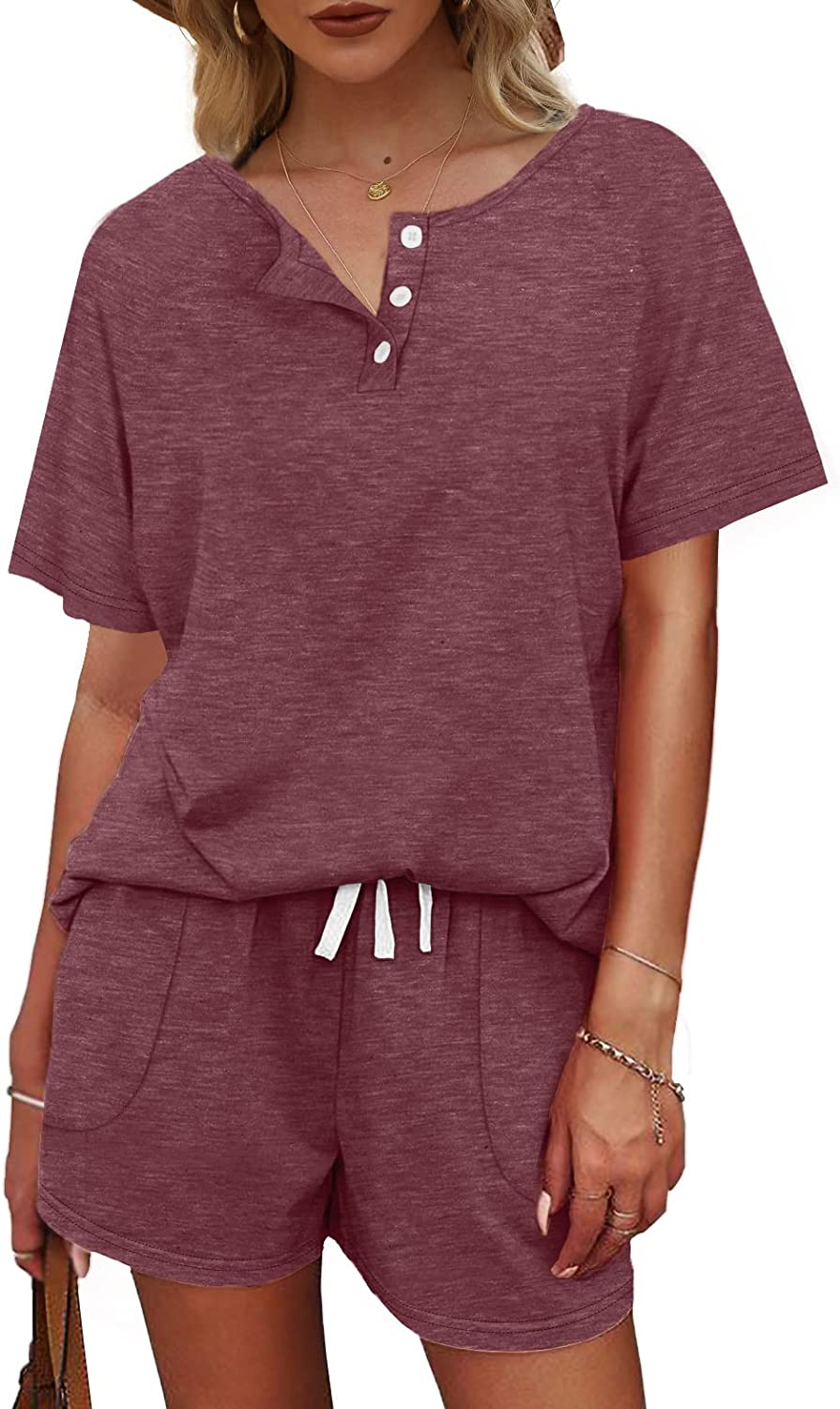 WIHOLL Two Piece Outfits for Women Lounge Sets Button Down Top and Shorts Set Sweatsuits with Pockets