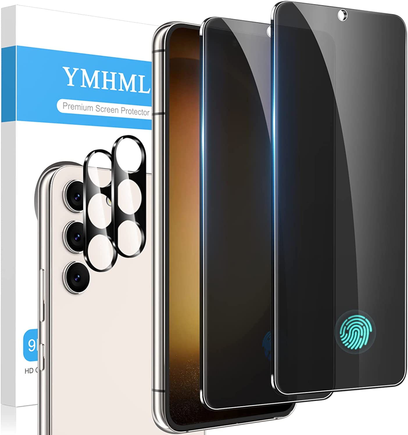 YMHML 2 Pack for Samsung Galaxy S23 Privacy Screen Protector Upgrade Fingerprint Unlock Compatible Tempered Glass + 2 Pack Camera Lens Protector, Anti Spy Case Friendly Privacy Screen for Galaxy S23