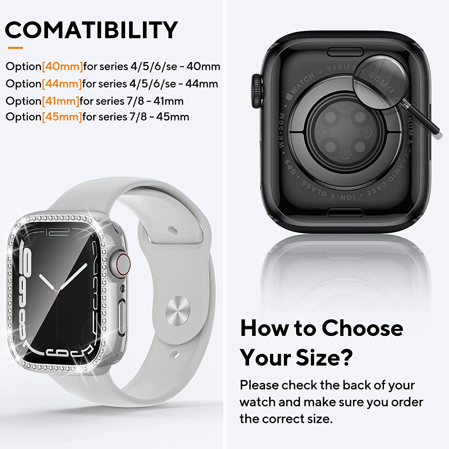 2 in 1 Bling Waterproof Case for Apple Watch Series 8 7 41mm, 360 Protective PC Cover Front & Back Bumper with Tempered Glass Screen Protector, Crystal Diamond iWatch Cases for Women, 41mm Silver