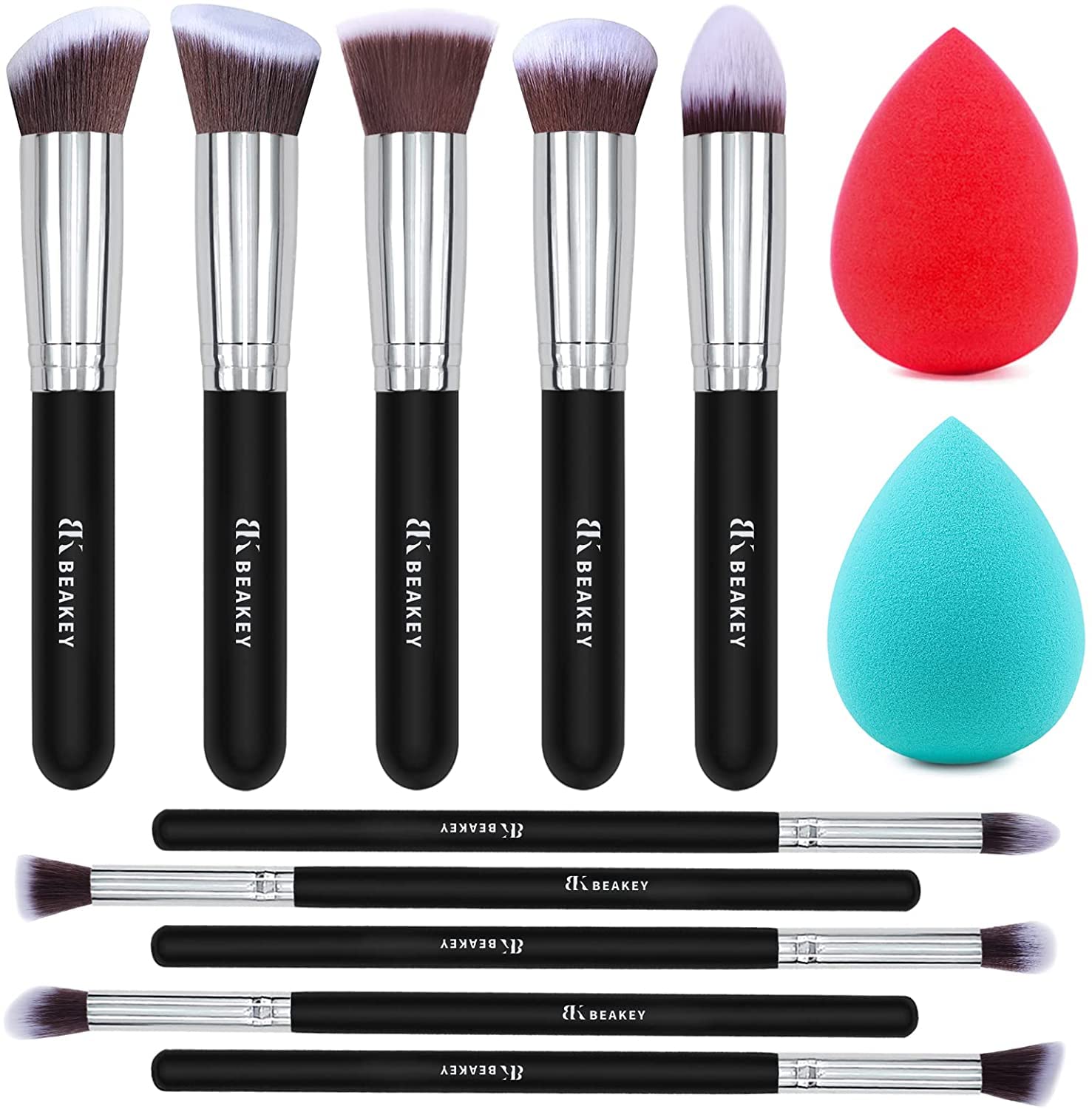 BEAKEY Makeup Brushes 12Pcs Makeup Kit, Premium Synthetic Kabuki Foundation Face Powder Concealers Blush Eyeshadow Brushes Makeup Brush Set, with 2pcs Blender Sponges (Black/Silver,12 Piece Set)