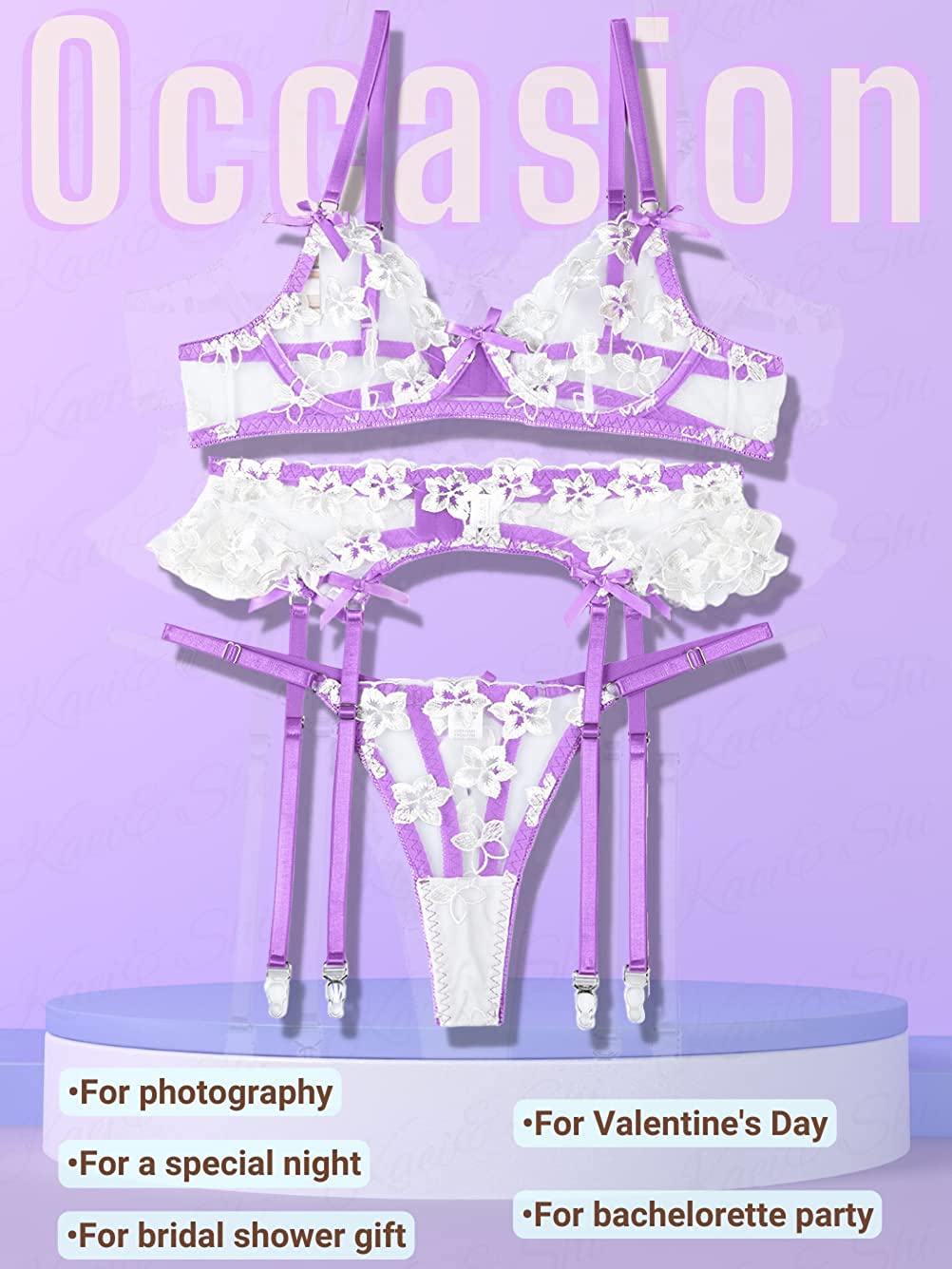 Kaei&Shi Garter Lingerie for Women,Underwire Embroidered Sexy Lingerie,Ruffle 3 Piece Lingerie Set