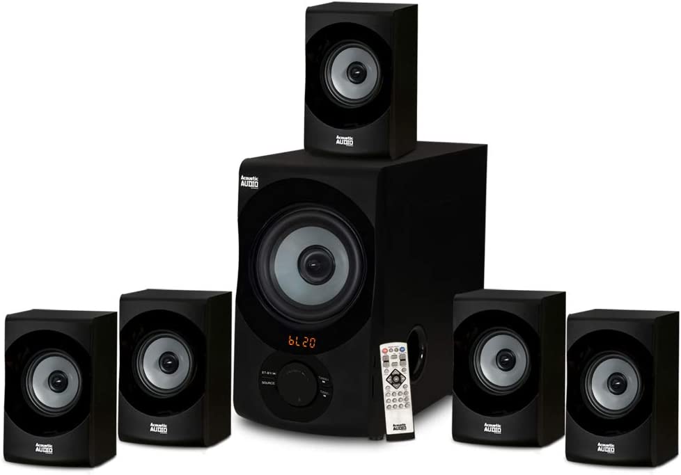 Acoustic Audio AA5172 700W Bluetooth Home Theater 5.1 Speaker System with FM Tuner， USB， SD Card， Remote Control， Powered Sub (6 Speakers， 5.1 Channels， Black with Gray)