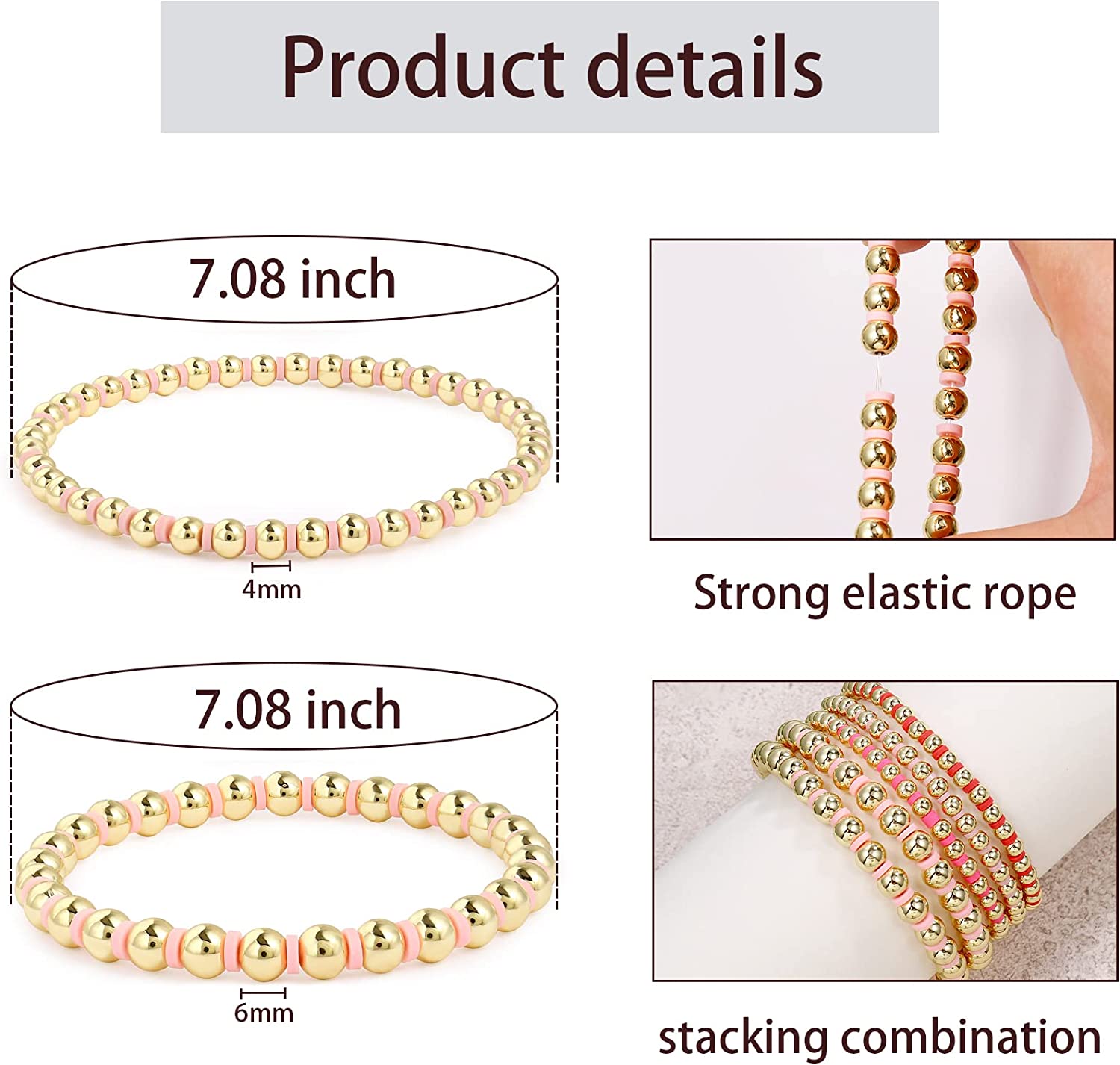 CONRAN KREMIX Gold Beaded Bracelets For Women 14K Gold Plated Bead And Heishi Clay Bead Stackable Stretch Bracelet
