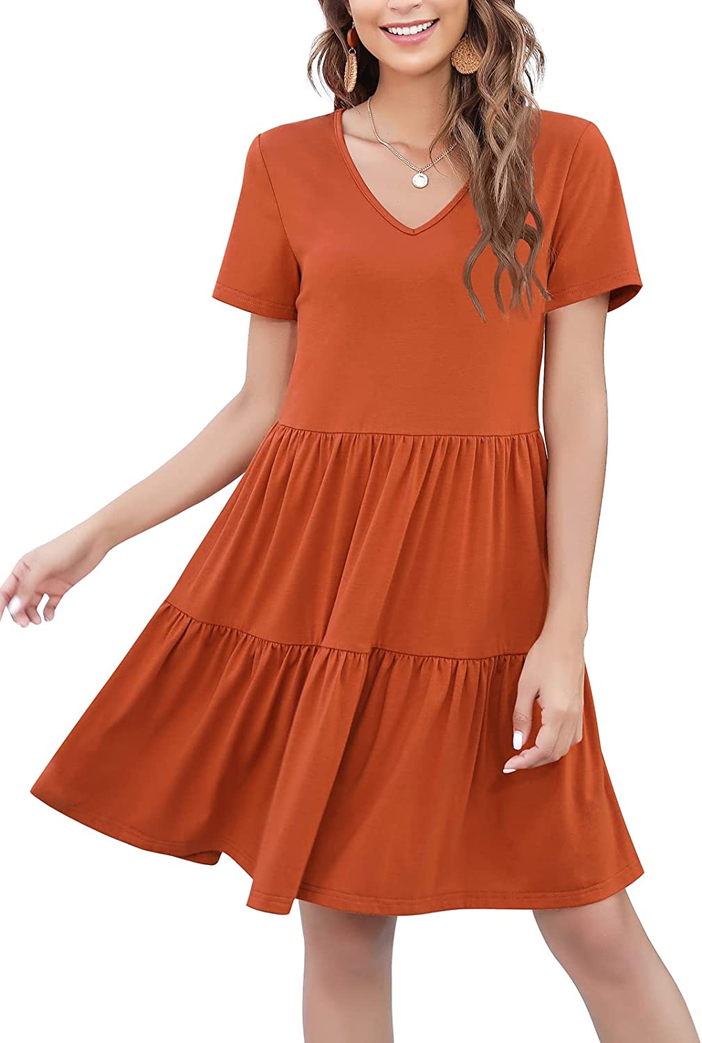 Arolina Women's Casual Swing Shift Dress Summer V Neck Short Sleeve Babydoll Ruffle Dress Tunic Dress