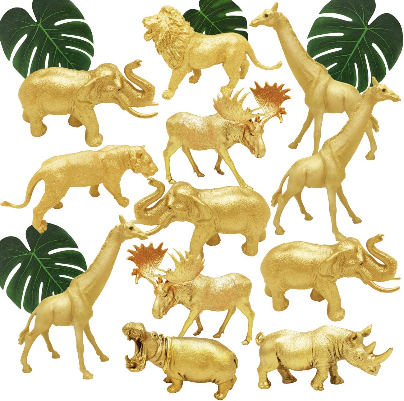 Metallic Gold Plastic Animal Figurines Toys, 12PCS Jumbo Safari Zoo Animal Figures, Jungle Wild Animals with Elephant, Lion, Giraffe for Baby Shower Decor, Safari Themed Birthday Party