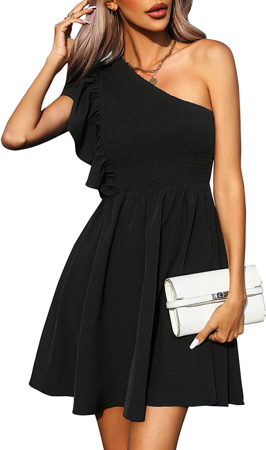 Byinns Women&#39;s 2023 Summer One Shoulder Cocktail Dress Ruffle Sleeveless Smocked Dress Party Wedding Guest Mini Dresses