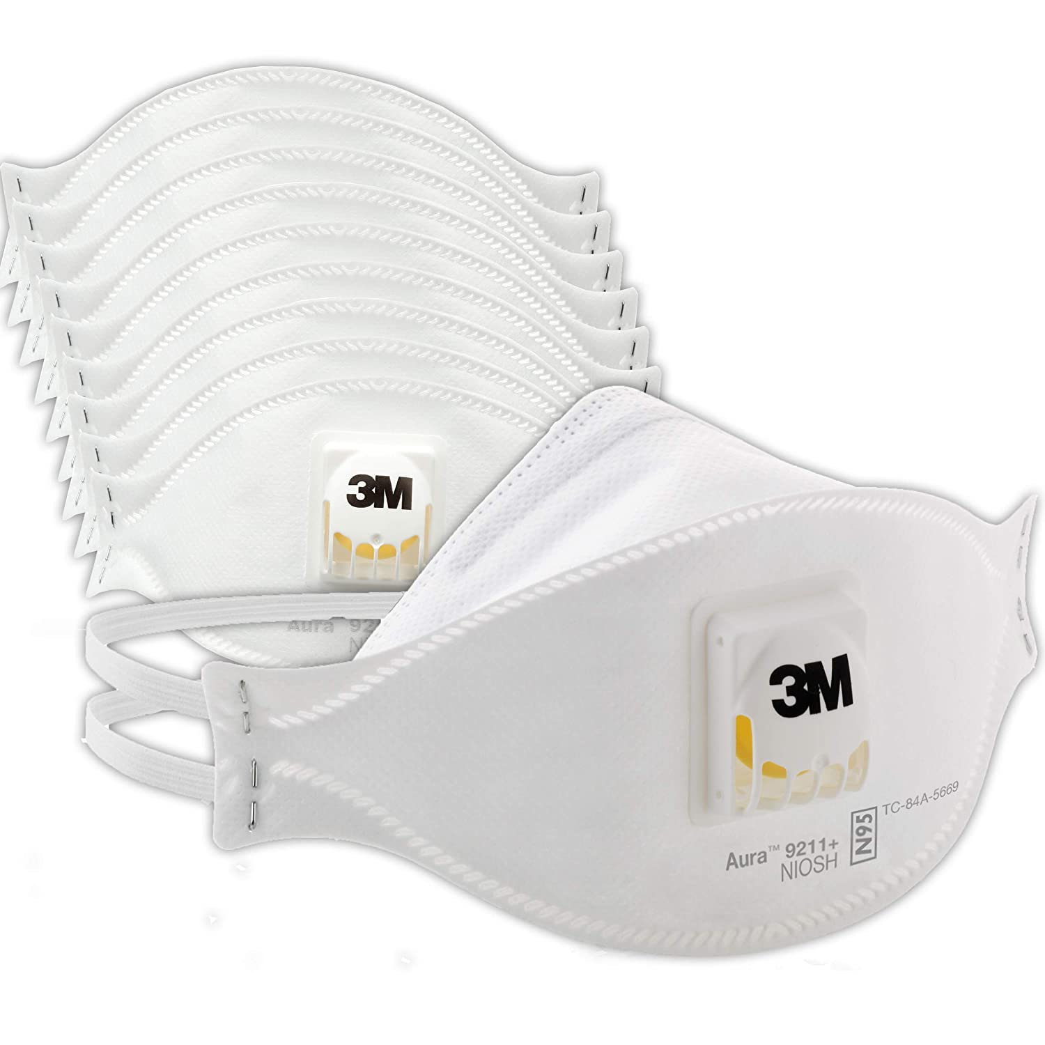 3M Aura Particulate Disposable Respirator 9211+ with Cool Flow Valve, N95, Smoke, Grinding, Sanding, Sawing, Sweeping, Woodworking, Dust, 10/Pack