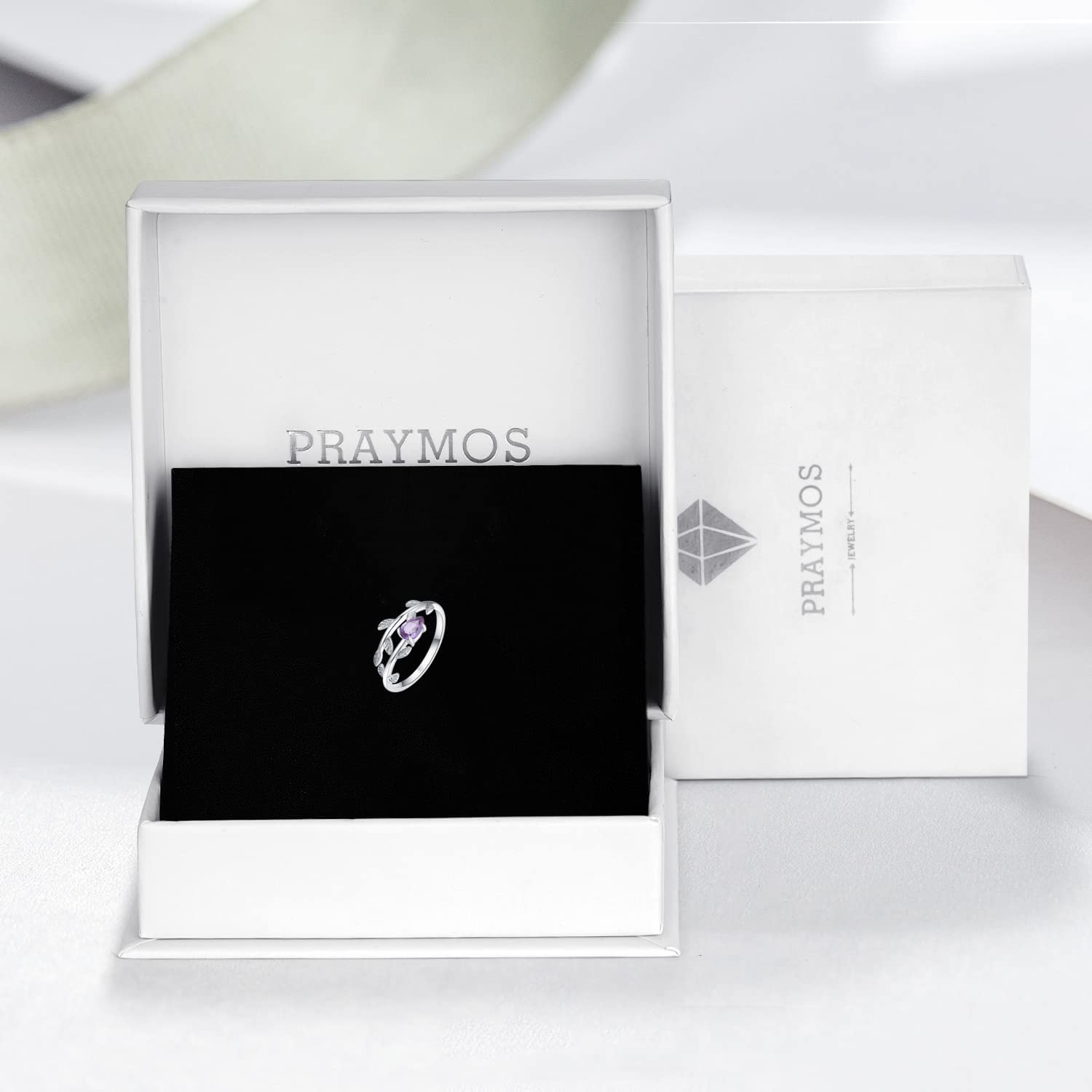 PRAYMOS 925 Sterling Silver Leaf Birthstone Rings Adjustable Open Ring for Women with Jewelry Box Size 7-9