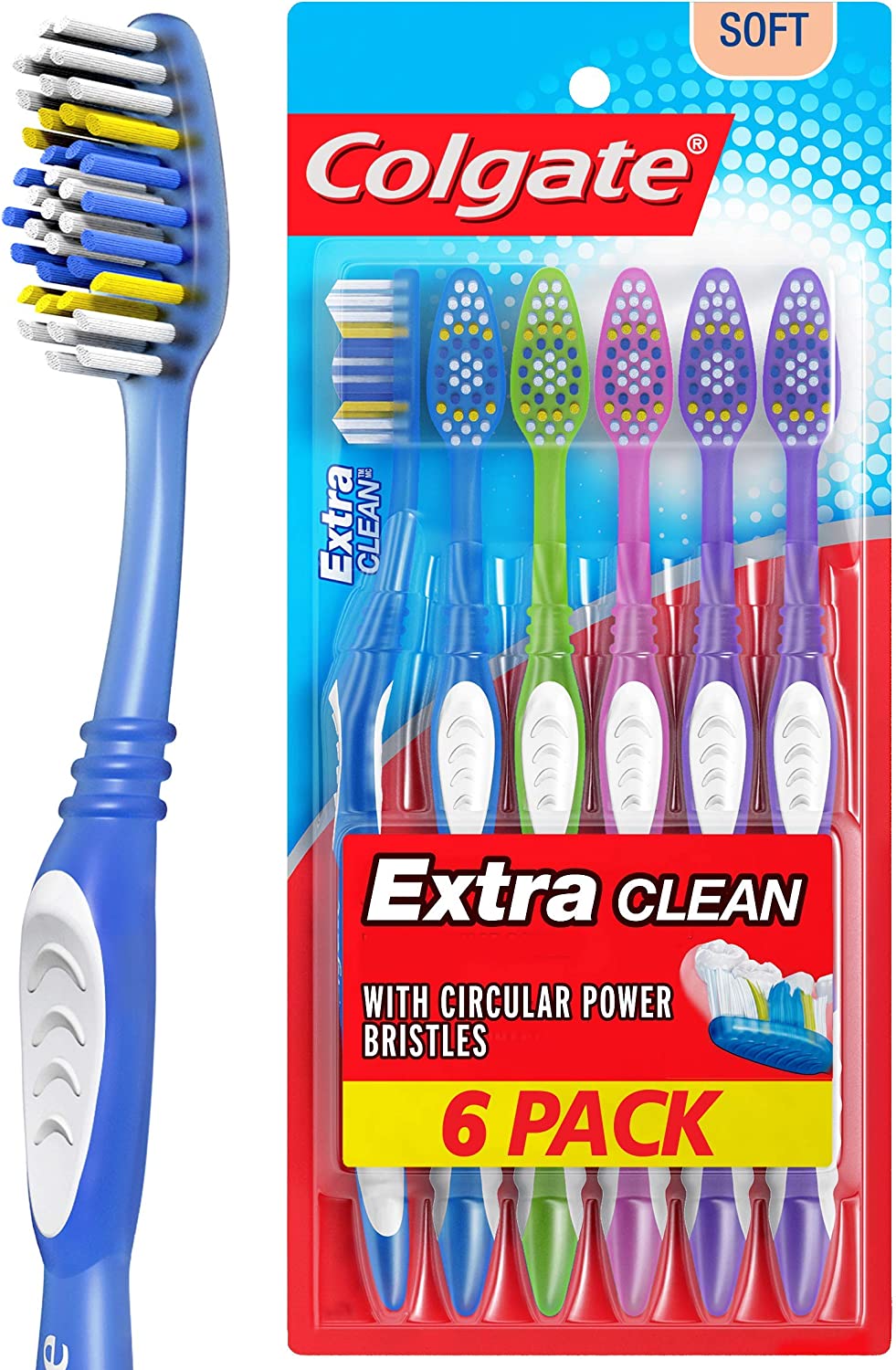 Colgate Extra Clean Toothbrush, Soft Toothbrush for Adults, 6 Count (Pack of 1)